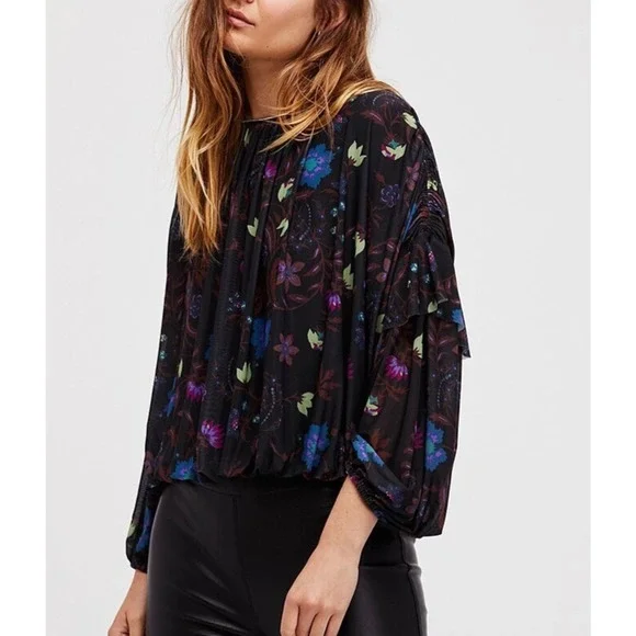 Free People Wildflower Honey Printed Blouse Black Multi Mesh Crop Top Small - Picture 15 of 15